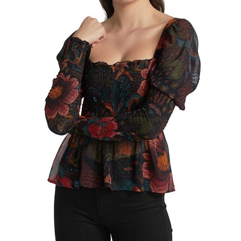 NWT Farm Rio Black River Creatures Dark Art & Florals Semi-Sheer Smocked Blouse